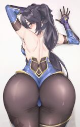 1girls armwear ass ass_focus back_view backboob bannou_ippoutsukou big_ass black_hair blush breasts clothing dat_ass eyes female female_only genshin_impact green_eyes hair huge_ass leggings leotard mona_(genshin_impact) sideboob solo solo_female thick_thighs thighs twintails