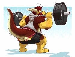 anthro beard blush blush body_hair brown_fur dat_ass jockstrap lifting_weights original_character pants_down raygun round_ass round_butt squatting sweatdrops tail white_background yellow_fur