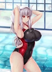 1girls armpits ass big_ass big_breasts blue_hair breasts demon_girl helltaker hi_res highres horns long_hair lucifer_(helltaker) one-piece_swimsuit red_eyes swimsuit wet wet_body zatma0041