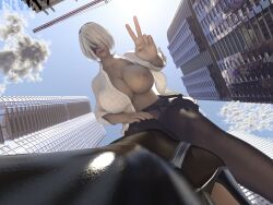 1girls 3d areolae big_breasts blindfold bradengts breasts breasts_out female female_only giantess hairband huge_breasts light-skinned_female light_skin macro nier nier:_automata nipples office_lady peace_sign short_hair solo solo_female white_hair yorha_2b