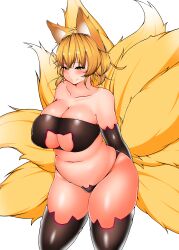 9_tails absurdres animal_ears bangs bbw black_bra black_panties black_thighhighs blonde_hair bra breasts cat_cutout cat_lingerie chubby chubby_female cleavage_cutout closed_mouth clothing_cutout female fox_ears fox_tail highres huge_breasts kitsune looking_at_viewer meme_attire multiple_tails noname_hider overweight overweight_female panties plump ran_yakumo short_hair side-tie_panties simple_background skindentation smile solo swimsuit tail thighhighs touhou underwear white_background yellow_eyes