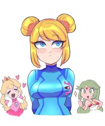 3girls alternate_hairstyle big_breasts breasts clothed clothing digicheeze double_bun female fully_clothed hair_buns heart kid_icarus kid_icarus_uprising mario_(series) metroid nintendo palutena princess_peach samus_aran solo_focus super_smash_bros. tagme thumbs_up zero_suit zero_suit_samus