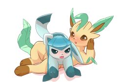 absurd_res ambiguous_gender blue_body blush eeveelution female feral genitals glaceon hi_res leafeon lying lying_on_another nintendo pokemon pokemon_(species) pussy simple_background sword-dance video_games white_background yellow_body