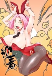 alternate_breast_size animal_ears areola_slip armpits arms_up breasts bunny_pose covered_erect_nipples detached_collar fake_animal_ears female green_eyes huge_breasts konohagakure_symbol leotard midair naruto naruto_(series) naruto_shippuden open_mouth pantyhose playboy_bunny rabbit_ears rabbit_tail red_leotard sakura_haruno short_hair simple_background strapless strapless_leotard sunahara_wataru wrist_cuffs