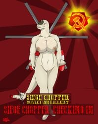 2021 aircraft aircraft_humanoid anthro breasts command_and_conquer countershading eel_(artist) engine female genitals hammer_and_sickle helicopter hi_res living_aircraft living_machine living_vehicle machine navel nipples nude pussy red_alert_(series) red_alert_(video_games) red_alert_2 red_eyes russian solo soviet_union standing text vehicle yuri's_revenge