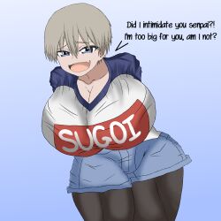 1girls artist_request ass big_ass big_breasts blue_eyes breasts busty clothing curvy_figure female female_only gray_hair huge_breasts large_breasts long_hair looking_at_viewer pale_skin plump popstepx short_hair smile text thick_thighs uzaki-chan_wa_asobitai! uzaki_hana voluptuous wide_hips