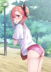 1girls ass back bag bangs blush embarrassed female female_only hair_ornament handbag hoge_(artist) human kaguya-sama_wa_kokurasetai_~tensai-tachi_no_renai_zunousen~ koyasu_tsubame panties pink_hair purple_eyes solo underwear