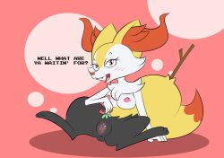 2017 3_toes 4_fingers anthro anus areola black_body black_skin blush braixen breasts cheek_tuft chest_tuft clitoris english_text facial_tuft feet female fingers fur genitals holding_object inner_ear_fluff looking_at_viewer nintendo nipples not_a_furfag open_mouth pink_areola pink_background pink_eyes pink_nipples pokémon_(species) pokemon pokemon_(species) presenting presenting_anus presenting_pussy pussy red_body red_fur red_nose simple_background sitting solo stick teeth text toes tongue tuft video_games white_body white_breasts white_fur yellow_body yellow_fur