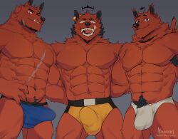 2022 abs absurd_res anthro armpit_hair biped body_hair briefs bulge canid canine cerberus clothed clothing digital_media_(artwork) ear_piercing ear_ring erection erection_under_briefs erection_under_clothing facial_scar fangs fur gakujo grey_background group hi_res licking licking_lips licking_own_lips looking_at_viewer low-angle_view male male_only mammal muscular muscular_anthro muscular_male navel pecs piercing pubes red_body red_fur ring_piercing scar self_lick simple_background smile tongue tongue_out trio underwear