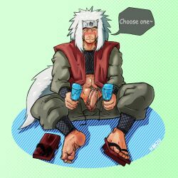 1boy clothed clothing erect_penis erection exposed_penis harzu jiraiya long_hair male male_focus male_only naruto penis_out presenting presenting_penis white_hair