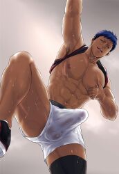 1boy 1male abs armpit_hair athletic athletic_male balls_in_underwear bara biceps big_balls big_butt big_muscles big_penis blowjob blue_eyes blue_hair bodybuilder boxers boxers_(clothing) cachic calves cumshot daddy daiki_aomine dilf erect_penis erection erection_pushing_underwear hairy_armpits human human_only hunk jock jock_slut kuroko's_basketball kuroko_no_basuke lifting_leg long_socks looking_at_viewer looking_down male male_focus male_only manly muscle muscles muscular muscular_male nipples nude pecs penis_in_underwear public shirt_pulled_behind_neck shoes six_pack solo solo_focus solo_male sweat sweating sweaty tan tan_body tan_skin thick_cum thick_legs thick_penis thick_thighs toned toned_body toned_male underwear viewed_from_below white_underwear