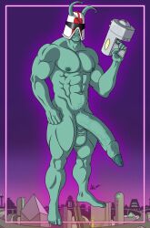 1boy abs alexander_gay_art alien antennae balls ballsack beedal big_penis class_comics dangling_testicles foreskin foreskin_folds green_skin gun helmet humanoid humanoid_penis intact low_hanging_balls male male_nipples male_only muscles muscular_male nude_male partially_retracted_foreskin pecs penis scrotum semi-erect smooth_skinned_male solo testicles uncut veiny_penis