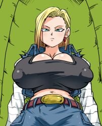 1girls android_18 belly_button big_breasts blonde_female blonde_hair breasts crop_top cyborg dragon_ball dragon_ball_super dragon_ball_z erect_nipples female female_only huge_ass huge_breasts jacket large_breasts navel nipples rickert_kai shorts shounen_jump solo solo_female top_heavy