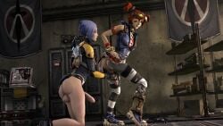 2futas 3d bandage_on_face big blue_hair borderlands borderlands_2 bottomless erection futa_on_futa futa_only futa_sans_balls futa_sans_pussy futanari gaige_(borderlands) garean goggles_on_head grabbing_from_behind grabbing_penis handjob maya_(borderlands) penis punk red_hair siren_(borderlands) tagme