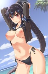 abo_(hechouchou) arms_behind_head beach bikini bikini_bottom_only black_bikini black_hair black_jacket blue_sailor_collar blue_sky blush breasts brown_eyes cloud cowboy_shot day female front-tie_top horizon jacket kantai_collection large_breasts long_hair nipples ocean outdoors ponytail sailor_collar scrunchie side-tie_bikini sidelocks sky solo swimsuit yahagi_(kantai_collection)