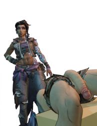 1futa 1girls 3d amara_(borderlands) balls big blue_hair body_markings borderlands bottomless character_request dark-skinned_female dark_skin female futanari garean light-skinned_futanari light_skin penis penis_piercing piercing short_shorts shorts sitting tagme