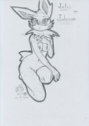 2022 anthro blush breasts eeveelution female genitals graphite_(artwork) hand_on_chest jolteon jolts_(lunaris_parukia) kneeling looking_at_viewer lunaris_parukia navel nintendo nipples nude pokémon_(species) pokémorph pokemon pussy solo traditional_media_(artwork) video_games