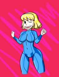 1girls bethesda_softworks blonde blonde_hair blue_uniform bodysuit breasts fallout mob_face nintendo pink_background samus_aran_(cosplay) short_hair simple_background solo solo_female stgg69 stggtatsumaki vault_girl winking zero_suit