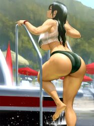 1girls ass bare_shoulders barefoot big_ass big_breasts big_butt black_hair breasts butt cleavage clothed feet female female_only final_fantasy final_fantasy_vii infi_mt large_ass large_breasts outdoors outside solo solo_female swimsuit thick_thighs tifa_lockhart underboob voluptuous water wide_hips