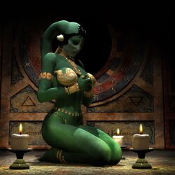 1girls 3d aphrodite-ns belly_chain belly_dancer belly_dancer_outfit bracelet candle closed_eyes femsub green_skin harem_girl harem_outfit headwear original_character slave slave_collar slave_outfit slavegirl star_wars submissive_female twi'lek veil