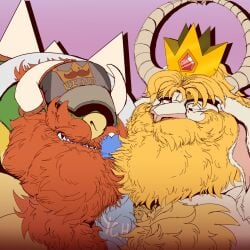 asgore_dreemurr bara beard bodily_fluids bowser chest_tuft crown cum erection facial_hair first_person_view gay genital_fluids genitals group hi_res horn king koopa long_beard male male_only mario_(series) monster nintendo penis pokenerd8 royalty scalie trio tuft undertale_(series) vein veiny_penis video_games yaoi