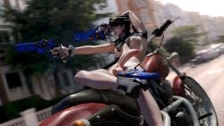 1futa 3d bayonetta bayonetta_(character) bayonetta_2 big casual eyewear firearm footwear futa_only futanari garean gun handgun handwear human light-skinned_futanari light_skin motorcycle pale_skin penis public solo tagme weapon