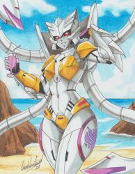 1girls 2022 alien alien_girl artist_signature beast_wars beast_wars_ii energon female female_only full_color gynoid humanoid navel_piercing pencil_(artwork) posing predacon ravern_clouk red_eyes robot robot_girl scylla_(transformers) small_breasts sole_female solo tentacle tentacles transformers wine_glass