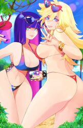 2girls beach bikini blonde_female blonde_hair blue_eyes blue_hair clothed_female clothing female female_only g-string g-string_only green_eyes leaning_forward long_hair looking_at_viewer multiple_girls non-nude panties panty_&_stocking_with_garterbelt panty_anarchy phone phone_screen pink_hair standing stocking_anarchy sunglasses sunglasses_on_head two_tone_hair v_sign vanillamilk