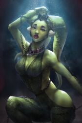 brown_eyes cleavage dancer dancer_outfit dancing femsub green_skin harem_girl harem_outfit large_breasts leash looking_at_viewer oola slave slave_collar slave_outfit slavegirl star_wars submissive_female totemos twi'lek