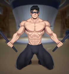 1boy abs batman_(series) dc dc_comics dick_grayson eye_mask male male_focus male_only muscle nightwing pants_only reiner55 tee teen_titans