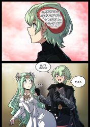 1boy 1girls 2koma ? ?? armor bare_shoulders black_gloves blush breasts byleth_(fire_emblem) byleth_(fire_emblem)_(male) cape comedy comic confused dress english_text female fire_emblem fire_emblem:_three_houses flower from_side funny gloves green_eyes green_hair hair_flower hair_ornament hartman_hips highres hips hourglass_figure humor inner_monologue kinkymation long_hair looking_back male matching_hair/eyes nintendo off-shoulder_dress off_shoulder open_mouth profanity relatable rhea_(fire_emblem) short_hair smile straight tagme text tiara white_dress wide_hips