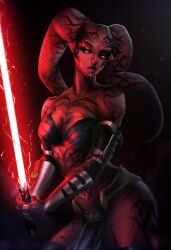 amber_eyes cleavage darth_talon expressionless female female_focus female_only head_tentacles large_breasts lightsaber loincloth red_skin sith solo solo_female solo_focus star_wars star_wars:_legacy tendrils thick_thighs totemos twi'lek