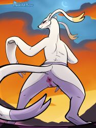 2022 ambiguous_gender anthro anus ass blush cloudscape digitigrade female fur genitals melthecannibal mienshao multicolored_body multicolored_fur nintendo pokémon_(species) pokemon pokemon_(species) purple_body purple_fur pussy red_eyes sky smile solo two_tone_body two_tone_fur video_games white_body white_fur