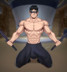 1boy abs batman_(series) big_penis bulge dc dc_comics dick_grayson eye_mask male male_focus male_only muscles muscular nightwing pants_only reiner55 teen_titans