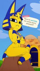 2022 animal_crossing ankha ankha_(animal_crossing) ankha_ride_(minus8) anthro breasts clothing crossed_legs domestic_cat egyptian_clothing english_text felid feline felis female frown hi_res looking_at_viewer mammal mostly_nude nintendo omeyega sitting solo text video_games