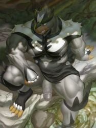 anthro balls bara barazoku big_pecs blush boner erection furry grey_fur male male_only muscles muscular nintendo penis pokemon pokemon_ss raccoon21 solo solo_male spread_legs urshifu ursid