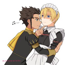 blush chin_lift claude_von_riegan dimitri_alexandre_blaiddyd fire_emblem fire_emblem:_three_houses gay maid maid_headdress maid_outfit maid_uniform male male_maid male_only patapata0o touching_chin yaoi zozakura