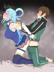 1boy absurdres aqua_(konosuba) ass bangs bare_shoulders black_pants blue_eyes blue_footwear blue_hair boots breasts brown_hair clothed_sex female hair_between_eyes hair_ornament hair_rings highres kono_subarashii_sekai_ni_shukufuku_wo! large_breasts long_hair looking_at_another open_mouth pants satou_kazuma straight t303 thigh_boots thighhighs thighhighs_under_boots