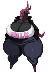 1girls anthro bbw big_breasts breasts chubby chubby_female cleavage clothing female female_focus female_only furry furry_only hands_in_pockets huge_breasts jacket jeans large_breasts looking_at_viewer nintendo pants pokémon_(species) pokemon scolipede shirt solo sssonic2 text text_on_clothing thick_thighs thighs wide_hips