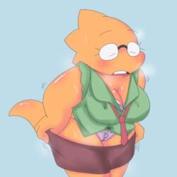 1girls 2d alphys aruput aruput_ut chubby female female_only glasses humanoid lizard_girl lizard_humanoid panties skirt_down solo undertale undertale_(series) undressing uniform