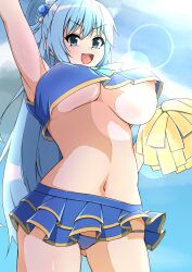 1girls aqua_(konosuba) armpits arms_up bikini_bottom blue_eyes blue_hair blush breasts cheerleader cheerleader_uniform female_focus female_only hair_ornament kono_subarashii_sekai_ni_shukufuku_wo! large_breasts long_hair looking_at_viewer micro_bikini micro_bikini_bottom midriff miniskirt nipple_slip nipples on_model open_mouth panty_shot pom_poms skirt smile swimsuit touka3go toukaaa unaware underboob vulnerable wardrobe_malfunction