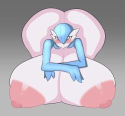 blue_hair duskyer gardevoir gradient_background grey_background huge_ass huge_breasts hyper_ass hyper_breasts hyper_butt pokémon_(species) pokemon pokemon_(species) red_eyes shiny_pokemon