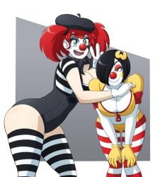 big_breasts black_eyes black_hair blue_eyes breasts cleavage clothing_swap clown_girl hi_res kobi-tfs mime red_hair rozy_(kobi) sasha_(kobi94) thick_thighs thighhigh_socks twintails wide_hips