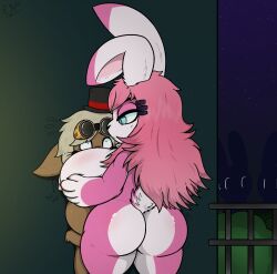 anthro ass big_breasts breasts brown_body brown_fur clothing duo electricsnowfox eyewear female fur goggles hair hat headgear headwear hi_res huge_breasts lagomorph leporid male male/female mammal nude pink_body pink_fur rabbit standing top_hat unknown_scientist_(character) white_body white_fur