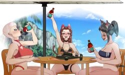 3girls beach beer bikini birthday_cake black_hair blue_eyes blushing brown_hair cake candle cat_ears cat_tail catgirl choker dita drinking drooling drunk garter gris_swimsuit halter_top heinkel_he_162 iron_armenian lady_baron legs_apart lena_(qween1995) long_hair one-piece_swimsuit pantyshot party qween1795 raised_arm red_bikini red_clothing silver_hair sitting swimsuit table thong transparent_clothing under_table underboob war_thunder