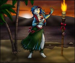 arm_tattoo beach blue_hair blue_skin carlito2517 coconut_trees female_gardevoir flower_bracelet flower_in_hair game_freak gardevoir grass_skirt hula hula_dancer hula_girl hula_skirt island lei nintendo ocean original original_character piercing pokémon_(species) pokemon pokemon_(species) smiling sunset topless torch