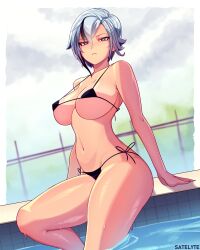 1girls 2d 2d_(artwork) absurdres arlecchino_(genshin_impact) artist_name bangs bikini black_bikini black_hair blush breasts collarbone embarrassed female female_only fur-trimmed_coat fur_trim genshin_impact grey_eyes grey_hair hair_between_eyes highres large_breasts light-skinned_female light_skin looking_at_viewer multicolored_hair navel nipples no_sex nude nude_female pool pussy realistic_breast_size realistic_proportions red_pupils satelyte scars scars_on_thighs short_hair silver_hair skimpy skimpy_bikini smile solo solo_female streaked_hair swimming_pool symbol-shaped_pupils thighs thin_bikini tiny_bikini water white_coat x-shaped_pupils