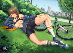 1girls amane_suzuha bicycle bike_shorts braided_hair breasts_out breasts_outside brown_hair confident_female detailed_background exhibitionism grass jacket_off_shoulders lying_on_side muscle_tone nature nipple_piercing off_shoulder outdoors phone pierced_nipples public_exposure public_nudity revealing shoes slut smile sneakers steins;gate sweatdrop tennis_shoes tomboy track_jacket tree twin_braids water_bottle wolfenhood yellow_eyes