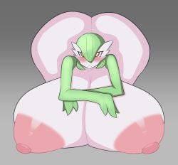 duskyer gardevoir gradient_background green_hair grey_background huge_ass huge_breasts hyper hyper_ass hyper_breasts pokemon pokemon_(species) red_eyes