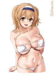 bangs bare_arms bare_shoulders bikini blush breast_suppress breasts brown_eyes collarbone cowboy_shot cropped_legs ebifurya eyepatch_bikini female groin hair_between_eyes hairband hand_on_own_chest hand_up highres i-26_(kantai_collection) kantai_collection large_breasts light_brown_hair looking_at_viewer navel one-hour_drawing_challenge open_mouth simple_background skindentation smile solo swimsuit tongue twitter_username white_background white_bikini